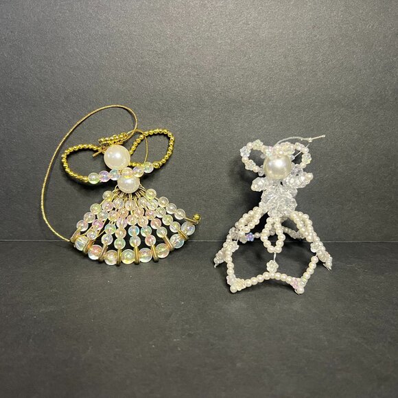 Vintage Lot of 2 Handmade Beaded Wired Christmas Angel Hanging Ornaments 2.75" - Picture 1 of 7